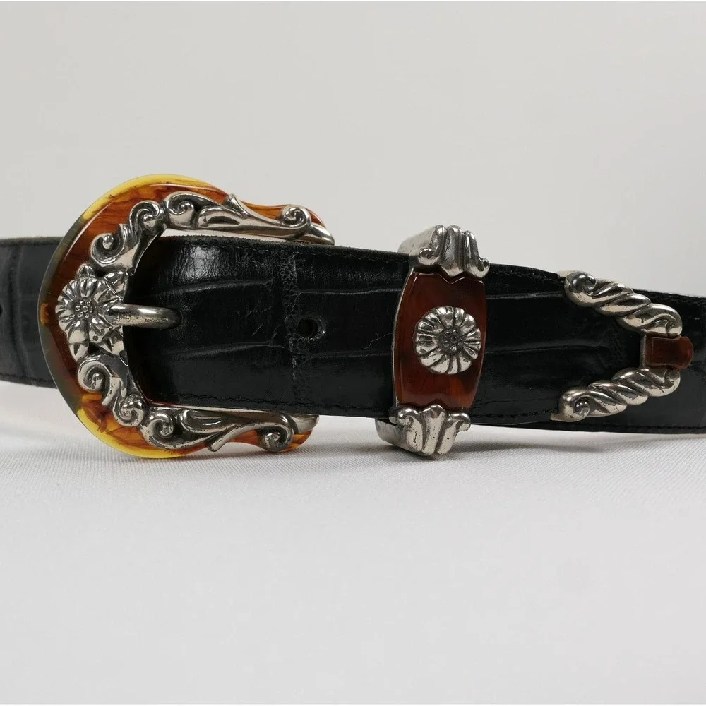 VTG Brighton Black Leather Croc Belt Amber Inlay Embossed Silver Buckle '96 USA